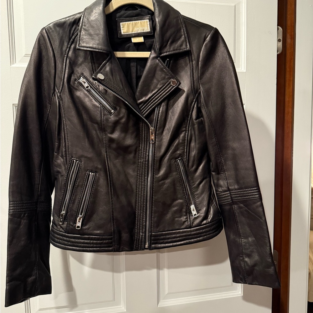 Michael Kors Black Leather Asymmetrical Zip Moto Jacket